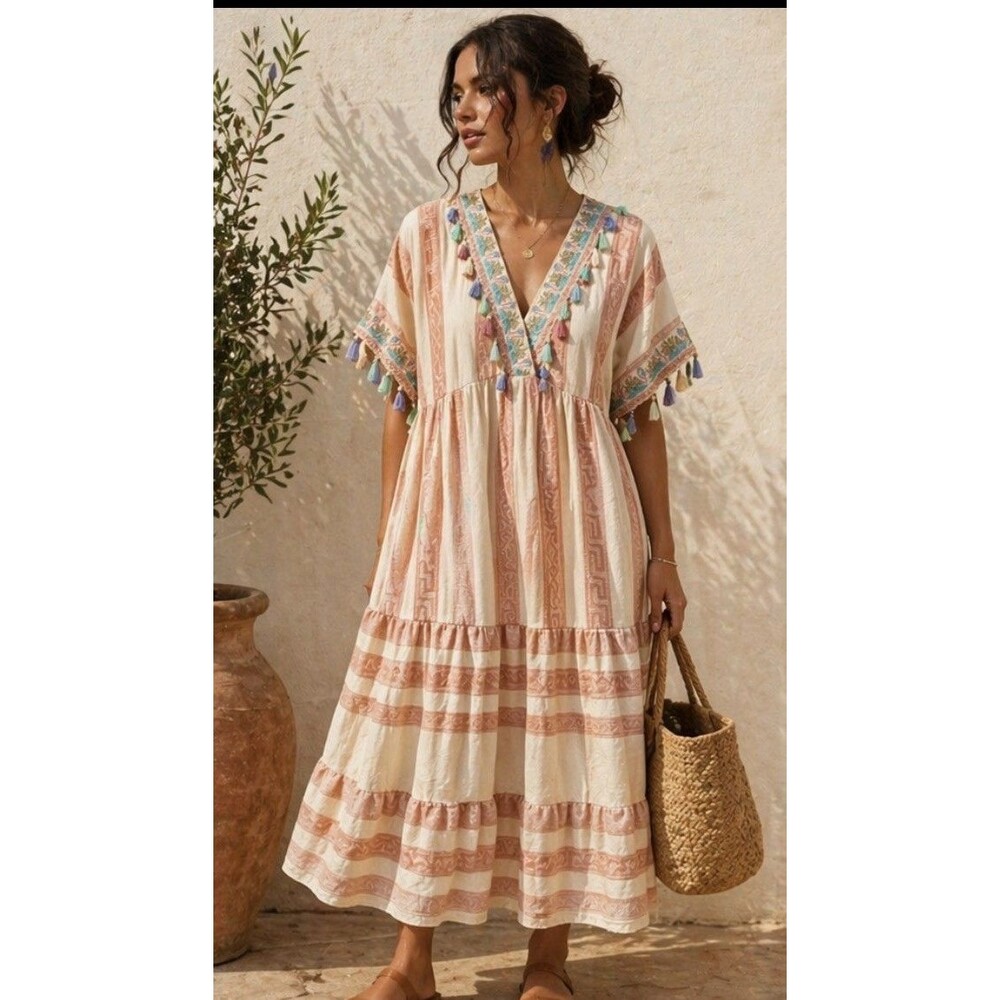Boho Tassel-Trim Midi Dress in Peach